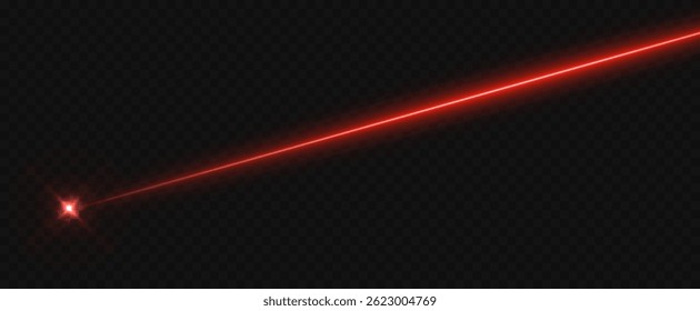 Neon red laser line isolated on black. Bright horizontal beam with flare, glow, and energy burst effect. Futuristic spotlight or medical laser concept.