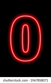Neon red number 0 on black background. Learning numbers, serial number, price, place. Vector illustration