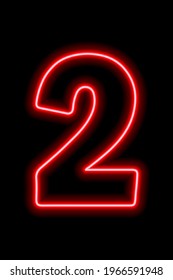 Neon red number 2 on black background. Learning numbers, serial number, price, place. Vector illustration