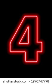 Neon red number 4 on black background. Learning numbers, serial number, price, place. Vector illustration