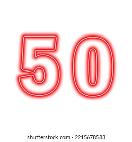 Neon red number 50 isolated on white. Serial number, price, place