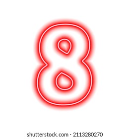 Neon red number 8 isolated on white. Serial number, price, place. Vector illustration