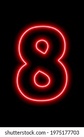 Neon red number 8 on black background. Learning numbers, serial number, price, place. Vector illustration