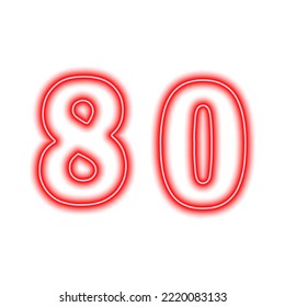 Neon red number 80 isolated on white. Serial number, price, place