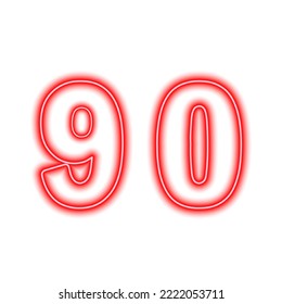 Neon red number 90 isolated on white. Serial number, price, place. Vector illustration