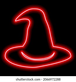 Neon red outline halloween witch hat on black background. Vector illustration