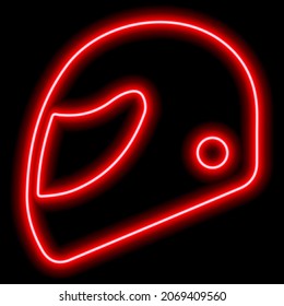 Neon red outline of a motorcycle helmet on a black background. The concept of extreme sport, competition, protection. Vector illustration