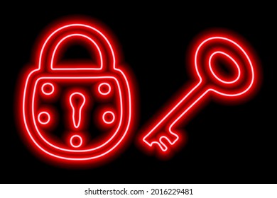 Esbozo rojo neón del candado y la llave sobre un fondo negro. El concepto de privacidad, seguridad, preservación. Ilustración del vector