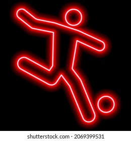 Neon red outline of a soccer player who hits the ball on black background. Vector illustration
