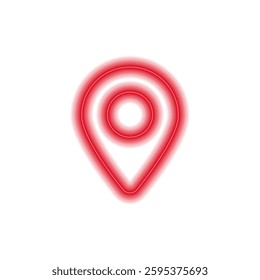 Neon red pin icon glowing with light. design features a circle and pin shape, shining brightly.