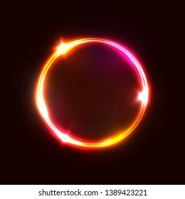 Neon red pink circle lamp sign isolated on dark red background. Electric geometric shape border with text space. Illuminated laser round signboard with flare sparkle stars. Bright vector illustration.