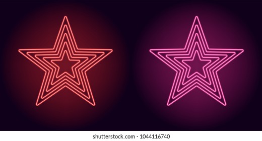 Neon red and pink star. Vector illustration of neon star consisting of five outlines, with backlight on the dark background