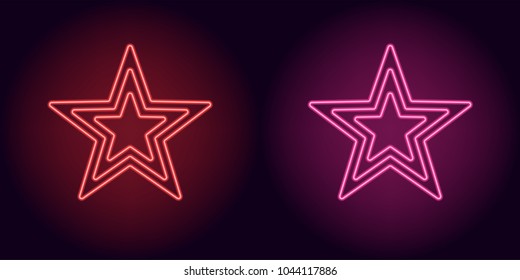 Neon red and pink star. Vector illustration of neon star consisting of three outlines, with backlight on the dark background