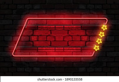 Neon red rectangle with stars lamp wall sign isolated on transparent background. Vector red power glowing bulb banner, light line or neon frame for your design.