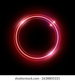 Neon red round frame. Abstract colorful glow light circle. Laser bright round shape. Futuristic illuminated button. Geometric graphic vector illustration isolated on black background.