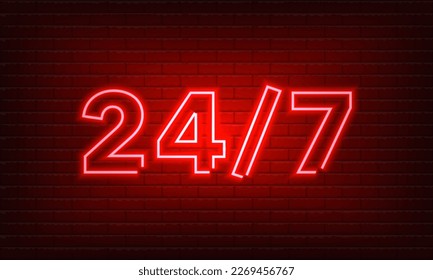 Neon red sign Open 24 7 hours on brick wall background. Vintage electric signboard with bright neon lights. Blue light falls. 24 Hours Night Club. Bar Neon Sign. Vector illustration.