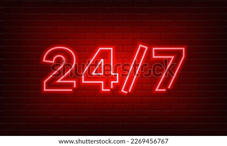 Neon red sign Open 24 7 hours on brick wall background. Vintage electric signboard with bright neon lights. Blue light falls. 24 Hours Night Club. Bar Neon Sign. Vector illustration.