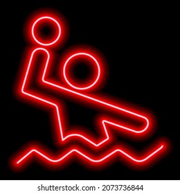 Neon red silhouette of man playing water polo on black background. Vector illustration