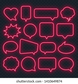 Neon red speech bubble frame on a transparent background. Bright light frames for quotes and text. Vector.