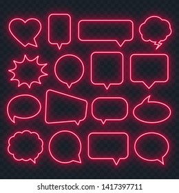 Neon red speech bubble frame on a transparent background. Bright light frames for quotes and text. Vector.