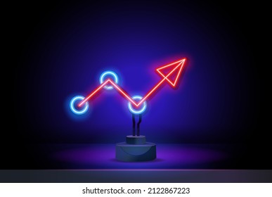 Neon red upward moving arrow graphic. Success-Idea phase. Neon arrow sign up graphic. Realistic neon icon. Linear icon on blue background. svg
