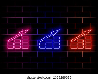 Neon red upward moving arrow graphic. Success idea stage. Neon arrow inscription graphic. Realistic neon icon. Linear icon on blue background... Green, red, yellow, pink, blue and orange