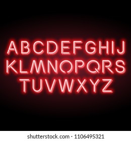 Neon red vector alphabet, set of realistic fluorescent glowing letters