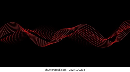 Neon Red Wave Lines Pattern On Black Background. Vector Illustration. Abstract Technology Wallpaper