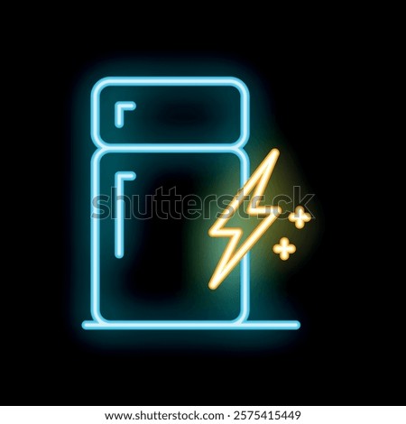Neon refrigerator consuming electricity icon glowing on a black background