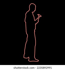 Neon repairman master man in overalls with tool in his hands hammer red color vector illustration image flat style