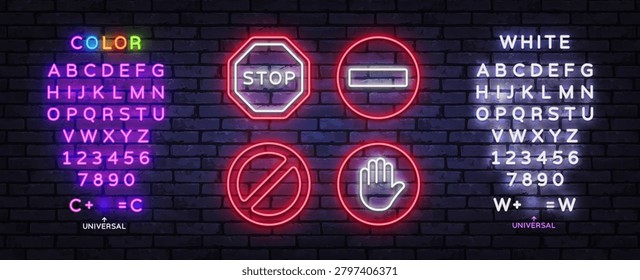 Neon restriction and stop symbols featuring stop sign, no entry, prohibited sign, and hand stop icon, combined with editable neon text for personalized messages and signage.