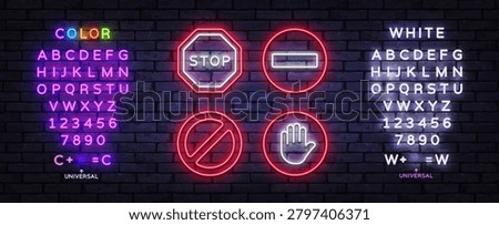 Neon restriction and stop symbols featuring stop sign, no entry, prohibited sign, and hand stop icon, combined with editable neon text for personalized messages and signage.