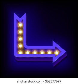 Neon retro arrow with glowing lights. Vintage Blue 3d arrow to the right. Volume boom with lots of lights and a blue neon light. The object on a black background. Vector illustration