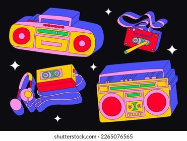 Neon retro background in 80s-90s style. Music Set in Pop Art Style.