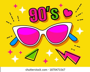 Neon retro cat's eye lens sunglasses collection 90s. Women's and men's accessory from 80s. Optics, lens, vintage, 
trend. Vector illustration. 