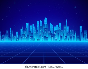 Neon retro city landscape in blue colors. Cyberpunk futuristic town. Sci-fi background abstract digital architecture. Vector illustration