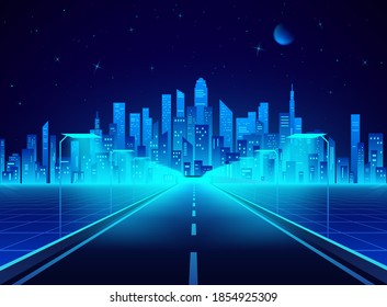 Neon retro city landscape in blue colors. Highway to cyberpunk futuristic town. Sci-fi background abstract digital architecture. Vector illustration