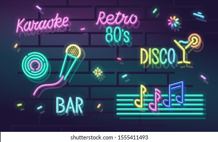 Neon retro disco 80's set. Night illuminated isolated icons on brick wall background. 