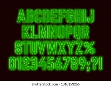 Neon retro green font with numbers and punctuation marks.