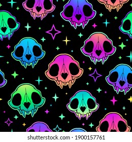 neon retro pattern of multicolored bright animal skulls