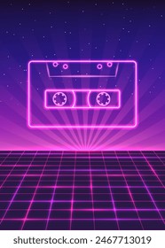 Neon Retro-Poster mit Audiokassette 80er Jahre Stil. Futuristischer Hintergrund mit 
Glühendes Gitter und Sternenhimmel. 