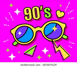 Neon retro round sunglasses collection 90s. Women's and men's accessory from 80s. Optics, lens, vintage, 
trend. Vector illustration. 