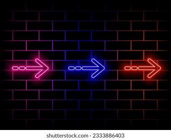 Neon Retro Sci Fi Purple Blue Glowing Arrow Shaped Laser Pointers Showroom Floor Glowing Hangar Room Tunnel Cyber ​​Dance Background 3D Rendering Illustration. green, red, yellow, pink, blue, orange