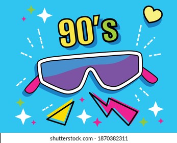 Neon retro ski sunglasses collection 90s. Women's and men's accessory from 80s. Optics, lens, vintage, 
trend. Vector illustration. 
