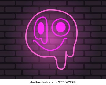 Neon retro smile on brick wall. Vector illustration eps