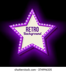 Neon Retro Star Frame. Hollywood Frame With Glowing Lights. 3d Vintage Star With A Purple Neon Light. Empty Space For Your Text Message Business. Ready Template Object. Vector Illustration