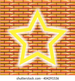 Neon Retro Star. The symbol of the old boom. 3d retro star with a glowing backlight. The yellow star on the brick wall background. Star with a blank background for text.