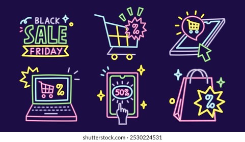 Iconos de promoción de Black Friday Cyber Monday de estilo retro de neón para ventas de comercio electrónico