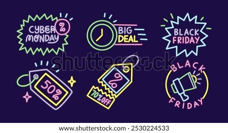 Neon retro style Black Friday Cyber Monday promo icons for ecommerce sales