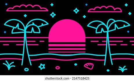 Neon retro sunset over the ocean with palm trees. Outline arcade 80s style game.